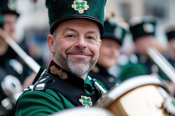 A cheerful, middle-aged musician radiates happiness in a vibrant marching band ensemble, embodying pride and unity during a festive parade celebration with fellow performers.