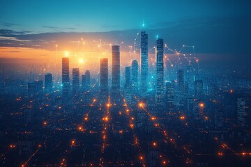 Fototapeta premium City skyline with digital lines and data points extending to the horizon, representing smart urban engineering technology, in a blue background with high-definition photographic style.