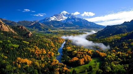 Obraz premium Majestic mountain, autumn valley river, sunrise fog, scenic landscape, travel poster