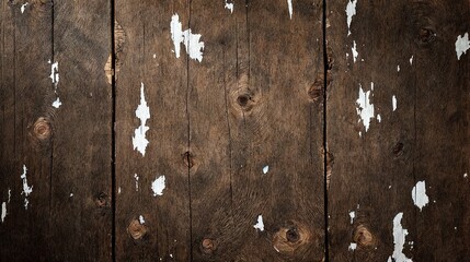 Dark brown aged wooden planks with remnants of white paint, highlighting rich textures and organic patterns, great for backgrounds with an antique aesthetic. 