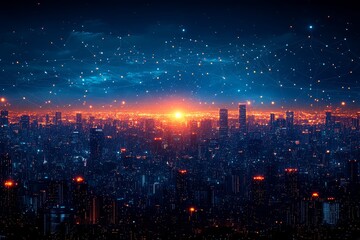 Fototapeta premium City skyline with digital lines and data points extending to the horizon, representing smart urban engineering technology, in a blue background with high-definition photographic style.