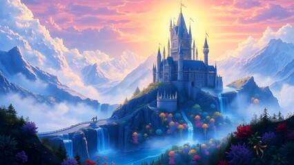 Fototapeta premium A floating castle surrounded by vibrant birds flying in a dreamy pink and orange sky, creating a magical and surreal atmosphere