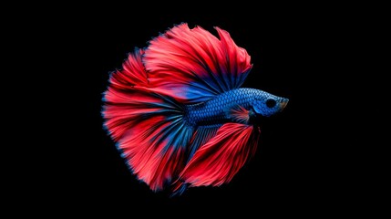 Fototapeta premium A red and blue Siamese fighting fish with its fins extended, moving elegantly through clear water, emphasizing the vivid contrast of its colors