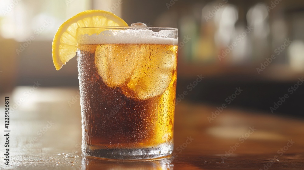 Poster a refreshing close-up of a cold glass of beer with condensation, served with a slice of lemon on the