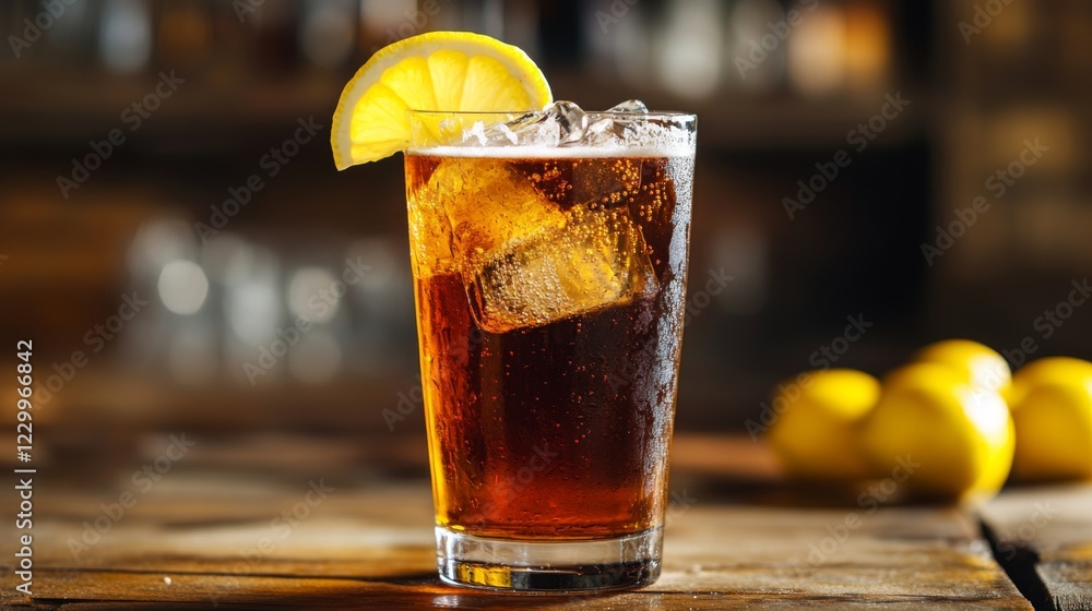Poster a refreshing close-up of a cold glass of beer with condensation, served with a slice of lemon on the