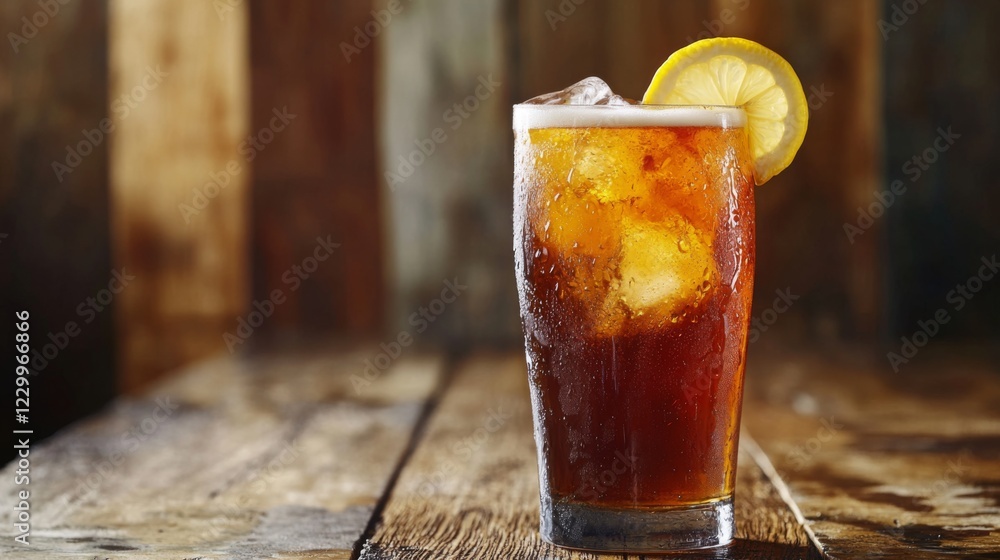 Poster a refreshing close-up of a cold glass of beer with condensation, served with a slice of lemon on the