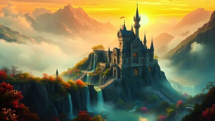 Naklejka premium A floating castle surrounded by vibrant birds flying in a dreamy pink and orange sky, creating a magical and surreal atmosphere