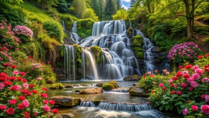Obraz premium waterfall cascading in a lush forest surrounded by blooming roses, wildflowers, greenery