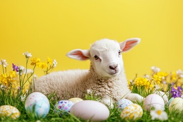 Obraz premium A white lamb resting on a grassy field surrounded by spring flowers and scattered Easter eggs