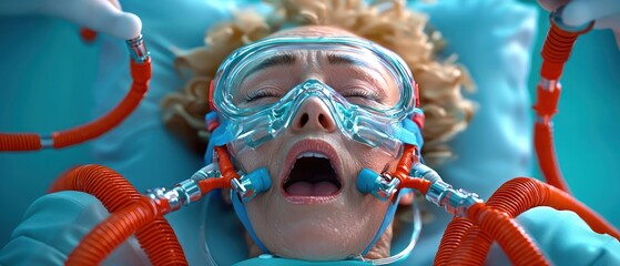 A person undergoing a medical procedure with advanced equipment and monitoring devices.