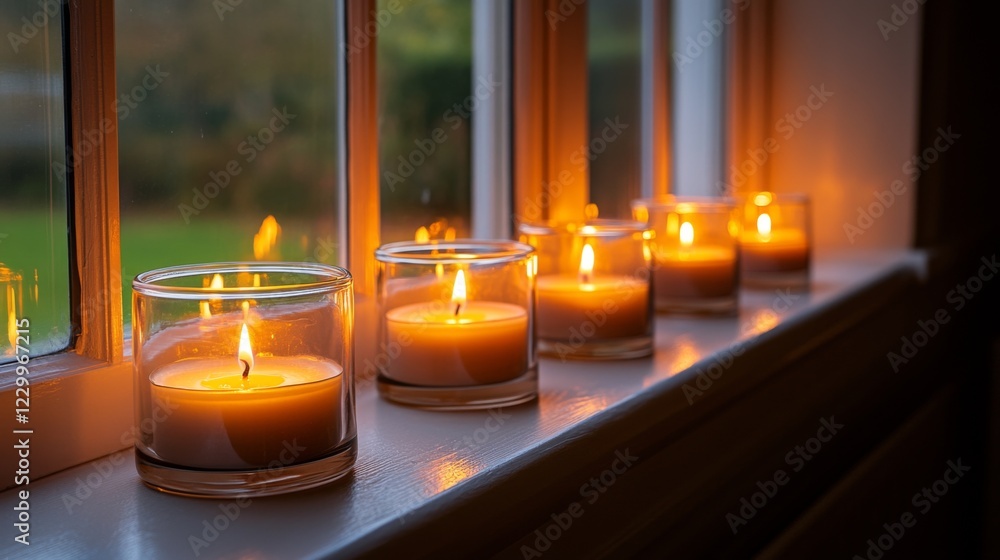 Poster a row of scented candles in glass jars lined up on a windowsill, with soft sunlight streaming in and