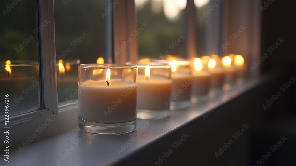 Poster a row of scented candles in glass jars lined up on a windowsill, with soft sunlight streaming in and