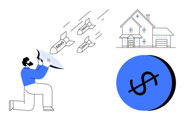 Person launching DDoS missiles towards a home, representing cybersecurity threats. Ideal for discussing cyberattacks, online security, financial risk, hacking, network protection, vulnerability, tech