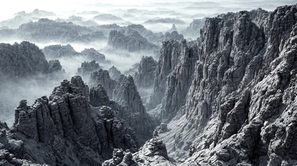 High-detail monochrome rocky landscape with misty atmosphere, featuring deep textures in gray and blue hues for use as a dramatic and artistic background.