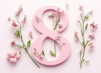 number 8 with floral elements, set against a white background for International Women's Day celebration. delicate flowers or leaves growing.