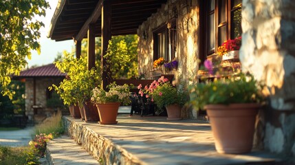 Rustic Stone Porch with Flower Pots at Sunset
