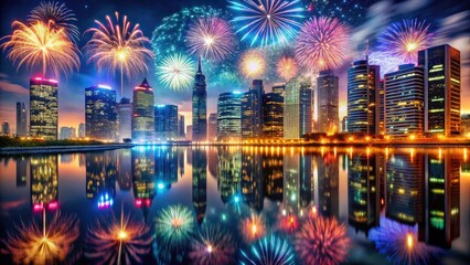 Obraz premium Spectacular fireworks illuminate stunning city architecture, a breathtaking urban nightscape.