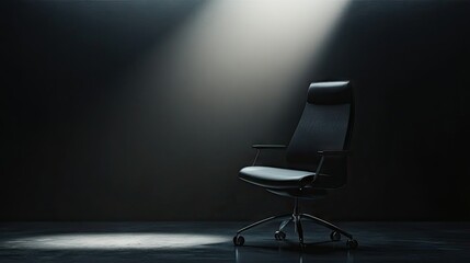 A sleek office chair sits in an empty, dark conference room, a single beam of light highlighting its silhouette.