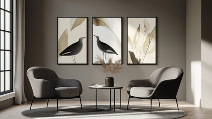 A set of three Abstract Wall art. Creative minimalist hand painted Abstract art background ،Set of three vertical posters , and chairs in living room 