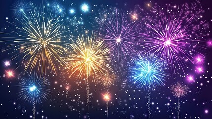 Colorful fireworks on night sky background. Celebration and holidays concept. Independence Day 4th of July, New Year, festival. Bright explosions of lights in sky. Place for your text.