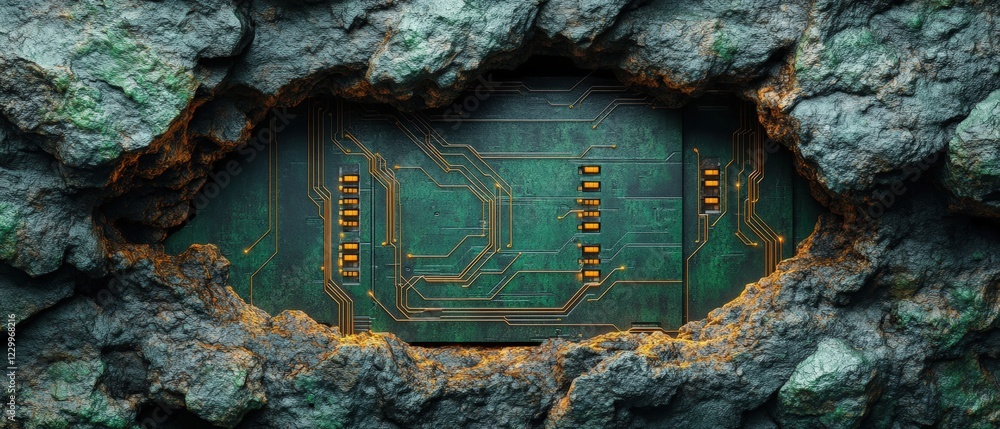 Poster computer circuit embedded in a natural rock formation with a hole revealing electronic components