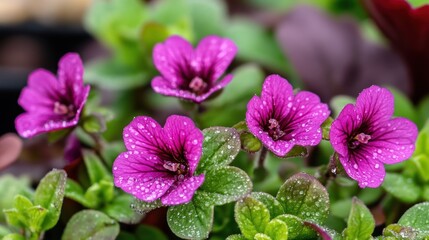 Obraz premium Dew Kissed Purple Flowers Blooming Beautifully