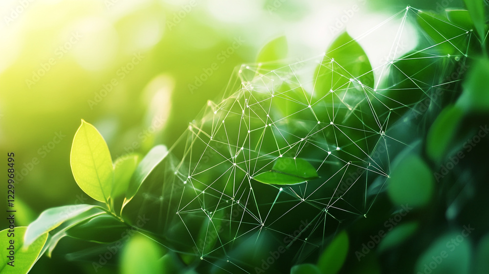 Poster green leaves interconnected by a network of lines in a natural setting during daytime