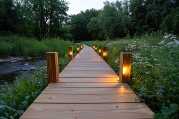 Obraz premium A welcoming wooden boardwalk flanked by glowing lanterns creates an inviting pathway through lush greenery, evoking a sense of calm and connection to nature.