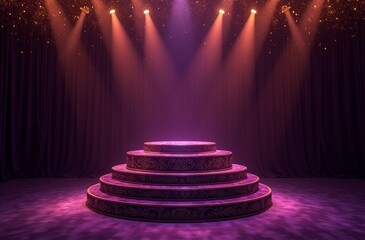 A purple podium is dramatically lit with golden sparkles, suggesting celebration or an exclusive event