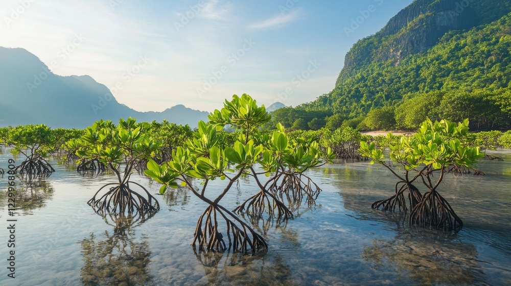 Poster a serene coastal view of mangrove trees standing tall in shallow water, with a backdrop of distant h