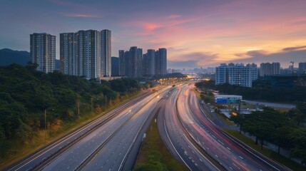 Fototapeta premium A scenic view of an expressway at dusk, with the last rays of sunlight illuminating the road and distant buildings, creating a peaceful yet vibrant atmosphere for evening travelers.