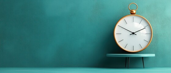 A vintage clock on a teal table against a textured wall, symbolizing time and elegance.