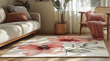 Floral area rug presentation in cozy living room stylish home decor natural light welcoming atmosphere