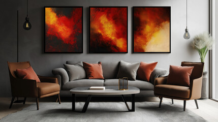 A set of three Abstract Wall art. Creative minimalist hand painted Abstract art background ،Set of three vertical posters , and sofa 