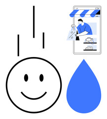 happy face, water drop, and mobile shopping scene with person holding a shopping bag suggest convenience and happiness in online shopping. Ideal for e-commerce, customer satisfaction, health