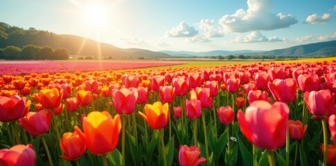 Sunlit panoramic view of vibrant tulip field in full bloom , sunlight, bloom
