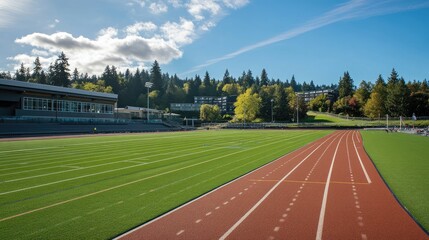 A smooth, well-maintained track with vivid lane lines stretching through an open athletic stadium.