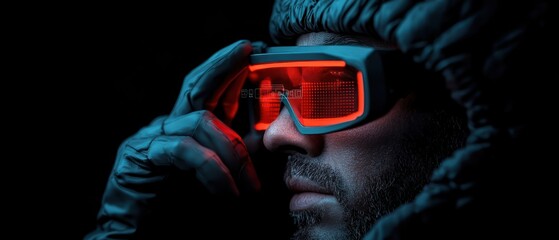 A close-up of a person wearing futuristic glasses and gloves against a dark background.