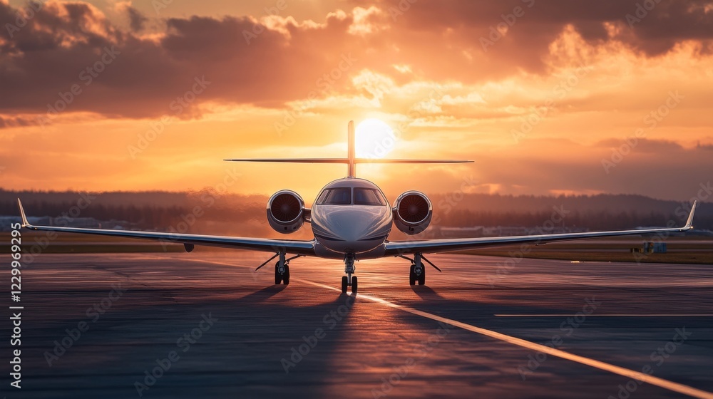 Poster a serene image of a small aircraft taking off during golden hour, with the sun setting on the horizo
