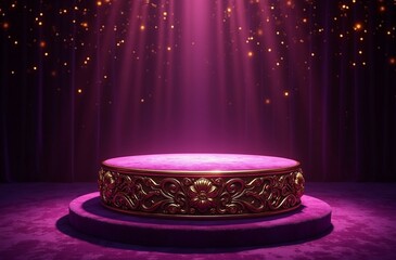 A purple podium is dramatically lit with golden sparkles, suggesting celebration or an exclusive event