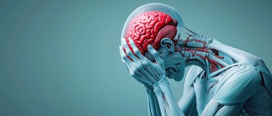 A stylized human figure with a visible brain, expressing a sense of distress or contemplation.