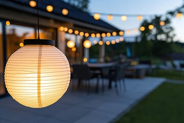 A beautifully lit outdoor dining area with hanging lanterns creating a warm, inviting atmosphere, perfect for evening gatherings and celebrations with friends or family.