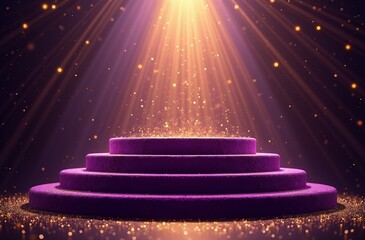 A purple podium is dramatically lit with golden sparkles, suggesting celebration or an exclusive event