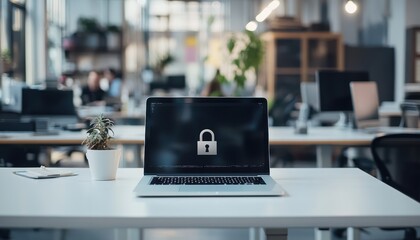 Modern Office Workspace with Locked Laptop and Potted Plant