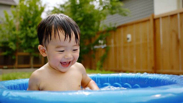 Cheerful child enjoys splashing in a small pool on a sunny day in the backyard