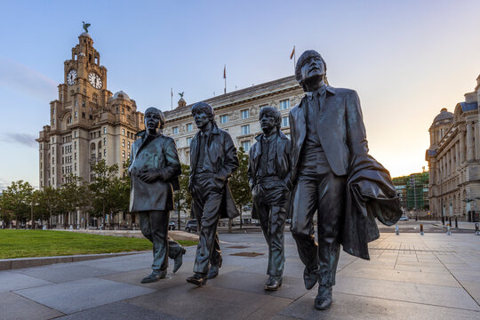 Bronze statue of the Beatles at Pier Head by the River Mersey, sculpted by Andrew Edwards and erected in December 2015