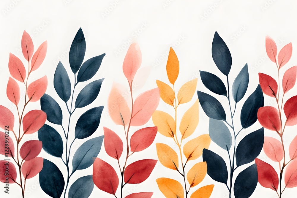 Poster a vibrant watercolor illustration of assorted leaves in various colors, creating a visually appealin