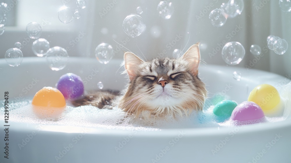 Poster a serene scene of a cat relaxing in a bathtub, surrounded by bubbles and colorful bath toys, illustr