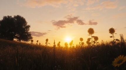 A serene sunset over a sunflower field, with golden rays casting a warm glow on the blooms and creating a beautiful silhouette against the sky