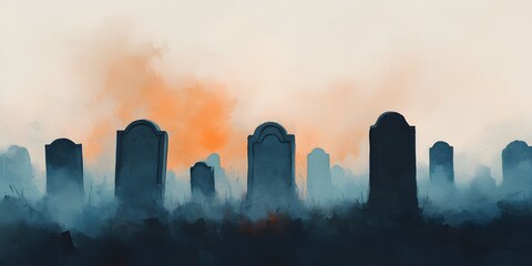 Fototapeta premium A haunting graveyard scene with silhouetted tombstones against a smoky, orange sunset, evoking a sense of mystery and reflection.